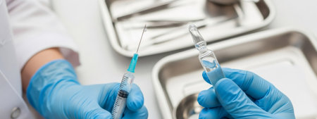 Doctor or nurse in blue glove holding a syringe and ampoule. Aesthetic cosmetology procedure for beauty and rejuvenation. Medical injection for health.の素材