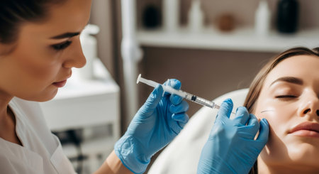 Woman cosmetologist injecting hyaluronic acid into woman patient face. Anti-aging cosmetic procedure. Mesotherapy, facial rejuvenation, wrinkle reduction treatment concept.の素材