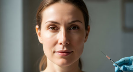 Woman looking at camera before cosmetic procedure. Face aesthetic treatment with injection. Beauty care and anti-aging concept for skin rejuvenation.の素材