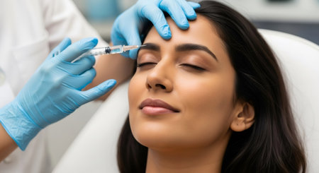 Woman receiving cosmetic injection on forehead. Beauty procedure with a syringe on a patient for anti-aging and skin rejuvenation concept.の素材