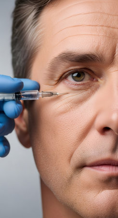 Man receiving an injection near eye for cosmetic treatment. Male beauty procedure against wrinkles, anti-aging and rejuvenation concept.の素材
