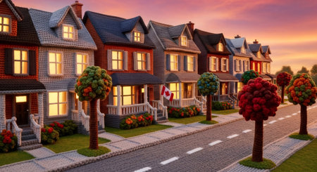 Crocheted neighborhood street with colorful houses and trees at sunset, handmade cozy city scene for creative design concept.の素材
