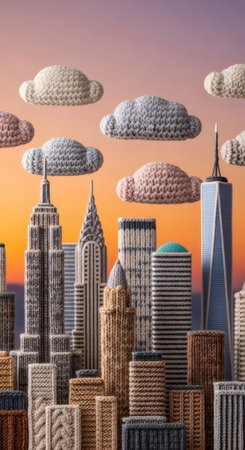 Knitted city skyline and clouds at sunset. Cozy urban landscape for creative craft projects and warm imagery. Handmade architecture concept.の素材