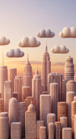 Knitted cityscape with crocheted clouds in a cute fiber art style. Cozy yarn city model with unique texture against sunset sky for textile and craft concepts.の素材