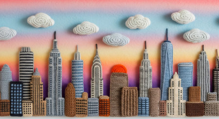 Knitted city skyline and knitted cloud artwork. Crocheted urban landscape for craft, art, creative, and handmade decor concept.の素材