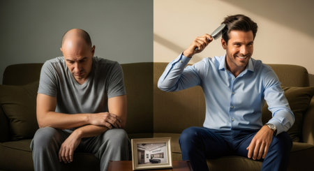 A collage of a man before and after hair transplant, depicting a bald man on the left and a happy man with full hair on the right. Hair restoration.の素材