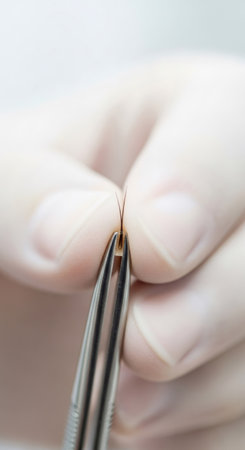 Hand of a doctor in a medical glove holding a hair follicle with tweezers. Hair transplantation and restoration concept, FUE method in cosmetology aesthetic surgery.の素材