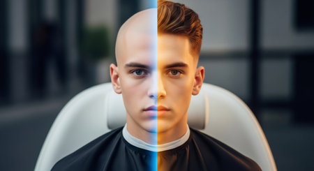 A man with a split face showing before and after hair regrowth. Concept of hair transplant, restoration, or treatment for mens wellness.の素材