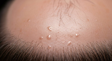 Close-up of a mans scalp with visible sweat and hair follicles after a hair transplant procedure, concept of recovery and regrowth.の素材