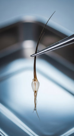 Hair follicle with a root held by medical tweezers. Microscopic view of human hair for transplantation. Concept of hair treatment, regrowth, and aesthetic medicine.の素材