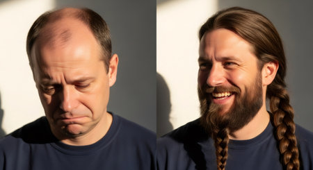 The same man with bald head and full beard with braided hair, before and after concept for hair transplant and restoration.の素材
