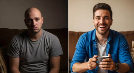 Man before and after hair transplantation. Bald unhealthy man and happy man. Hair loss treatment concept and healthy hair.の素材