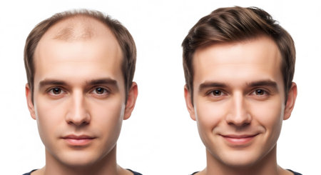Man displaying before and after hair transplant results, showcasing hair loss and new growth. Cosmetic surgery concept for mens beauty.の素材