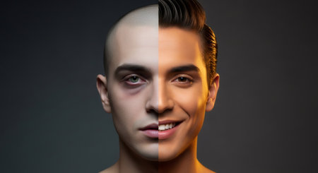 Man with split face showing balding and full hair before and after hair transplant effect. Hair restoration concept for clinic advertisement.の素材