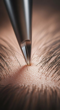 Close-up of hair transplant procedure. Follicular unit extraction, FUE. Hair restoration concept for medical clinic. Growth and loss treatment.の素材