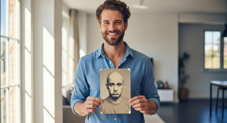 Happy man holding photograph of himself with hair loss. Successful hair transplant procedure for male patterned baldness treatment. Hair restoration clinic concept.の素材