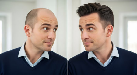 Mans before and after hair transplant result. Concept of baldness treatment, hair restoration, and male beauty transformation.の素材