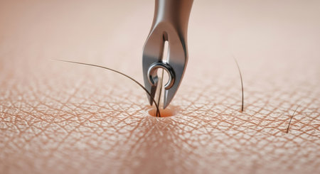 Instrument extracting a single hair follicle from human skin. Hair transplant procedure concept. Medical restoration surgery illustration.の素材