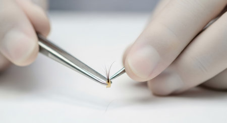 Doctor hand holding hair follicle with surgical tweezers. Woman specialist preparing graft for hair transplant procedure. Follicular unit extraction concept.の素材