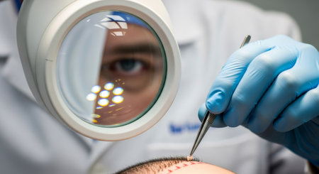 Doctor performing hair transplantation on a man, using a magnifying lamp for precision. Medical procedure for hair loss treatment and restoration.の素材