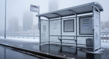 Frozen bus stop covered in ice and snow with city buildings in foggy winter weather. Urban winter landscape and harsh cold climate.の素材