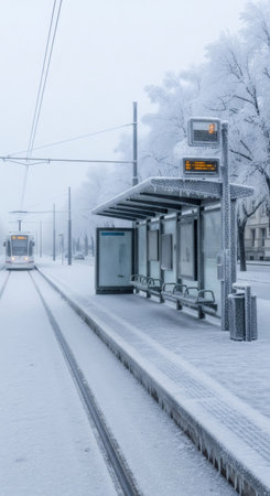 Tram stop covered in snow and ice with a tram approaching in the distance. Frozen urban scene in a winter city for travel and weather concept.の素材