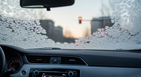 Car windshield frozen with frost from inside view, showcasing winter weather and ice formation on glass, with blurred traffic light outside for cold season concept.の素材
