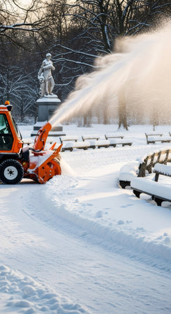 Orange snowblower machine clearing snow in a winter park with benches and a statue. Frozen city streets and winter maintenance.の素材