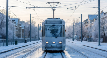 Tram on tracks in frozen city. Winter scene with streetcar covered in ice and snow. Urban street and cold weather transport.の素材