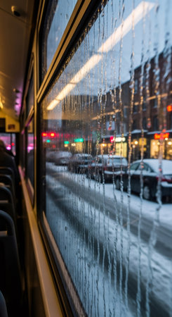 View from bus window of city street covered in snow and ice, with blurred traffic lights and buildings. Winter urban public transport concept.の素材