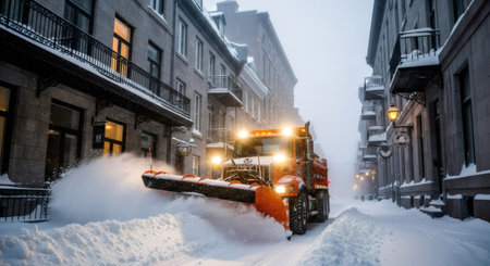 Snowplow truck clearing fresh snow from a city street during a blizzard. Winter weather maintenance. Frozen city road work.の素材