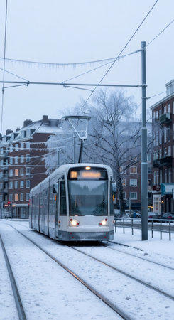 Tram on snowy street in frozen city. Winter scene with public transport in cold weather. Transportation in icy urban landscape.の素材