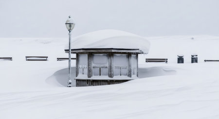Wooden kiosk with frosted windows buried in deep snow. Winter landscape in a frozen city park. Cold weather and heavy snowfall concept.の素材