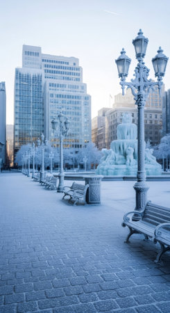 Frozen city park with ice-covered fountain, lamp posts, and benches. Winter landscape of urban square for travel and cold weather concept.の素材