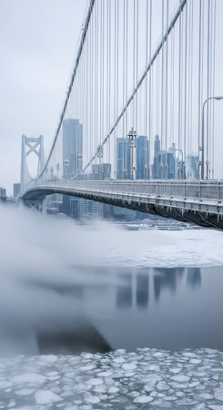 Large suspension bridge over icy river with city skyline in background during cold freezing winter weather. Frozen urban landscape.の素材