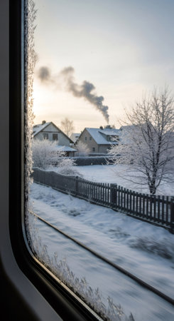 Frosted train window view of snowy village with houses and smoke from chimney. Winter landscape from moving transport for travel and journey.の素材