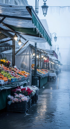 Winter street market with icicles hanging from awnings and lights reflecting on wet ground, creating a cold, mysterious frozen city scene for concept of extreme weather.の素材