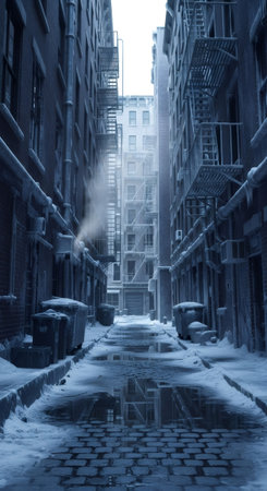 Frozen city alley in winter with ice and snow. Urban landscape concept perfect for cold weather or frozen effect.の素材
