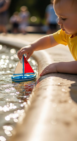 Young child playing with toy sailboat in fountain on a sunny day. Summer childhood fun and development concept. Outdoor activity.の素材