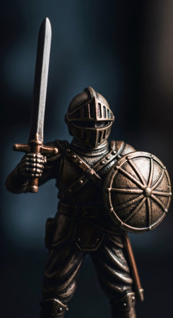 Bronze knight warrior toy with sword and shield. Medieval fantasy character for child game and history education concept.の素材