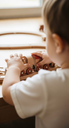 A child playing with a wooden toy train on a table. Playtime and learning activity for kids. Early childhood education concept.の素材