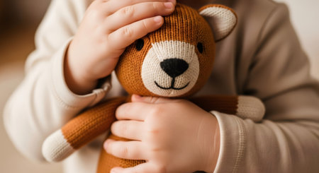 Childs hands holding a knitted teddy bear, a soft and comforting toy. Playtime and childhood memories concept. For a kids gift.の素材