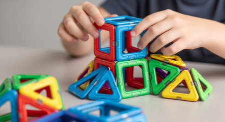 Child s hands playing with colorful construction blocks. Kid building toy structure. Education and development concept for children.の素材