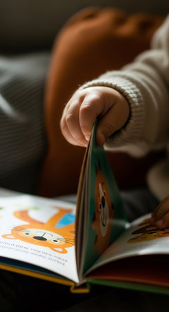 Small child hand turning page of colorful animal picture book. Early learning and reading development for kid. Education and play concept.の素材