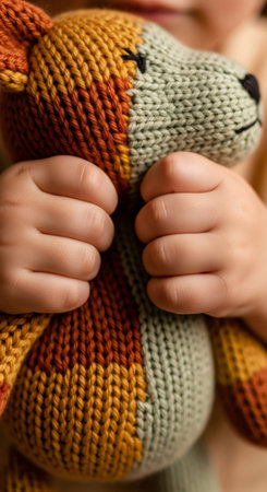 Close up of baby hands holding a knitted teddy bear toy. Creative play and childhood development concept for children.の素材