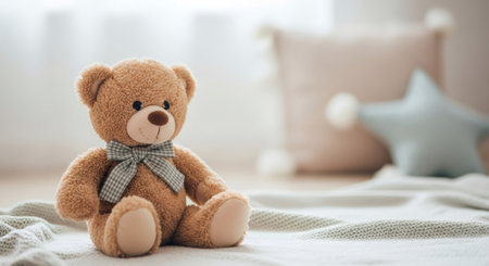 Brown teddy bear toy with checkered bow tie sitting on blanket. Childhood play and baby concept for nursery decoration or gift idea.の素材