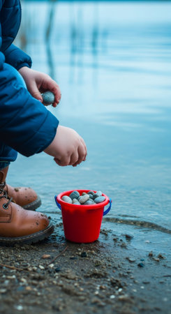 Small childs hands and bright red bucket filled with stones by the blue calm water. Kid playing near a lake shore.の素材