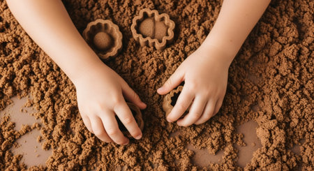 Kid plays with kinetic sand and molds. Creative game and sensory activity for early childhood education and development.の素材