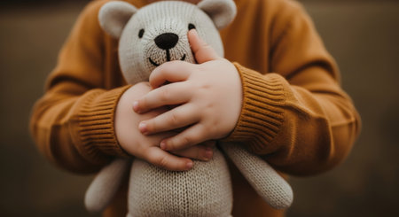 Childs hands holding a knitted teddy bear, symbolizing comfort and companionship. Childhood memories concept for toy story illustration.の素材