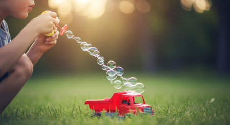 Kid blowing bubbles over red toy truck on green grass. Child playing outdoor with plastic car. Summer activity and leisure concept.の素材